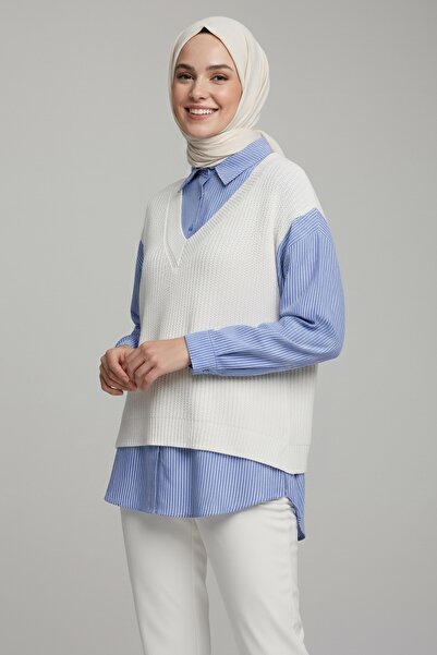 TOFİSA Πλεκτό πουκάμισο με λεπτομέρεια στο μανίκι εκρού - 28007-EKRU