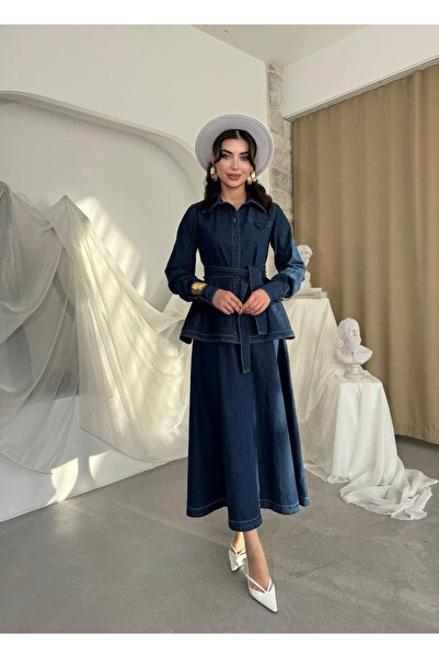 Lady Pixie Belted Denim Shirt Skirt Set