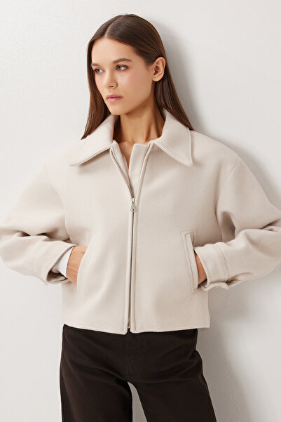 Lovelyİstanbul Polo Collar Zippered Cashmere Jacket Loh0015 Stone