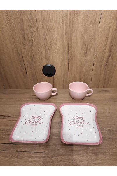 Keramika Breakfast Set for 2 Persons 4 Pieces Toast Plate and Teacup