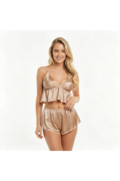 BONBON Women's Bohça Ve Çeyizlik Cross Strap Detailed Satin Shorts Set of 2 B...