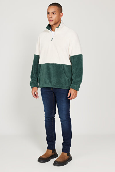 AC&Co / Altınyıldız Classics Tas-Koyu Green Standard Fit Stand-Up Collar Kangaroo Pocket Double Color Sherpa Fleece Sweatshirt