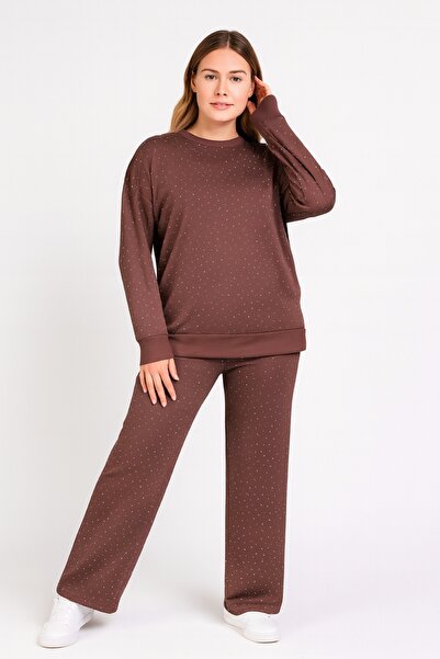 Şans Women's Plus Size Brown, Crew Neck, Stone Embroidered, Pocketed Tracksuit Set 65N39248
