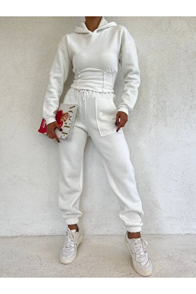 MY DEPO Women's Waist Corset Detail Crop Hooded Cotton Inside Tracksuit Set