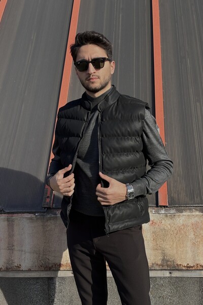 inpool Men'S, Stand-Up Collar, Slim-Fit, Water-Resistant, Leather Vest 2218