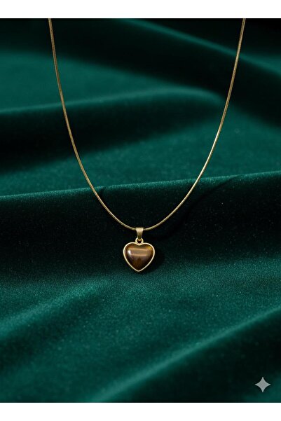 AYSA TAKI Karamel Rengi Kalp Şekli Taşlı Altın Rengi Çelik Kolye