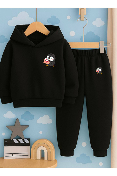 SVART WEAR Children Printed with Print Hoodie Hooded Sweatshirt and Sweatpants Set 3 Thread Ş Fleece-Lined Autumn/Winter