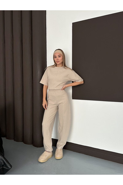 LE CARAMBOLE Women's Beige Crew Neck Short Sleeve Crop Blouse Pants Two Piece Set