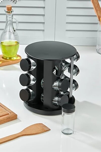 MAKRİ HOME 360 Rotatable Glass Spice Set with Stainless Stand - 12-Piece Round Black