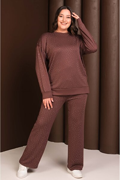 Şans Women's Plus Size Brown, Crew Neck, Stone Embroidered, Pocketed Tracksuit Set 65N39248