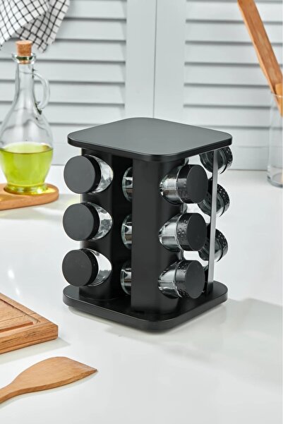 MAKRİ HOME 360 Rotatable Glass Spice Set with Stainless Steel Stand - 12-Piece Square Black