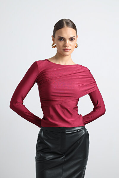 Mozto Carmory Long Sleeve Gathered Burgundy Bodysuit