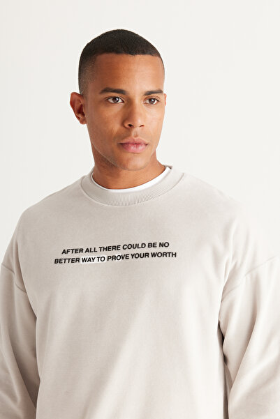 AC&Co / Altınyıldız Classics Light Gray Loose Fit Fleece Lined 3 Thread Crew Neck Long Sleeve Sweatshirt