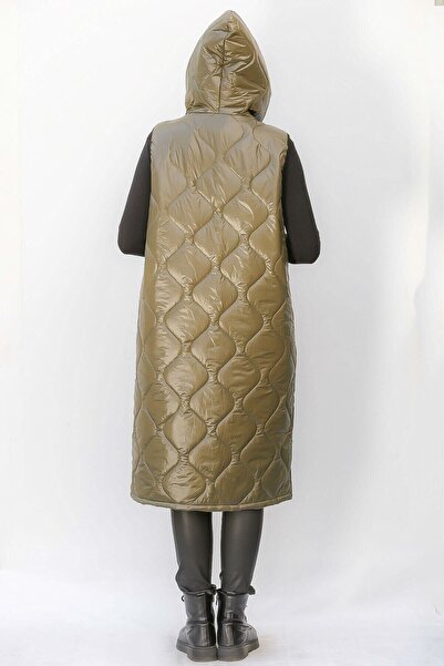 della moor Women's Khaki Italian Quilted Hooded Oversize Puffer Long Vest