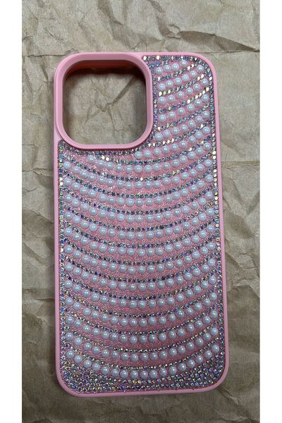 İPHONE 14 PRO MAX SİMLİ TAŞLI PEMBE KILIF