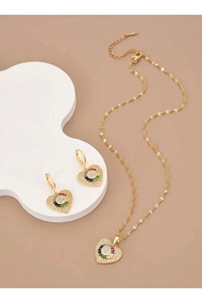 NEW STYLE An elegant accessory set consisting of a necklace and earrings made of stainless steel with colored zircon stones, presented in a suitable gift box.