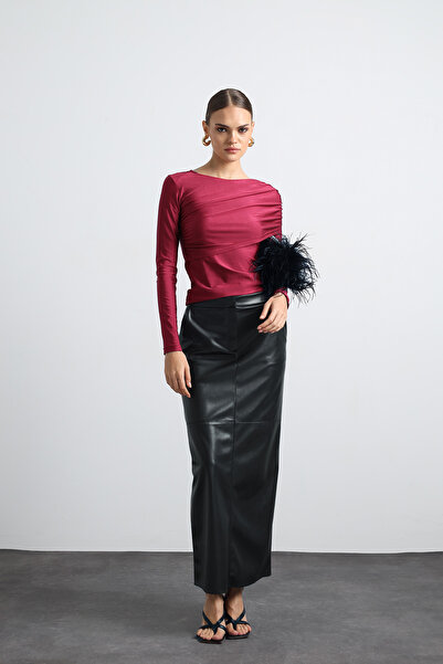 Mozto Carmory Long Sleeve Gathered Burgundy Bodysuit