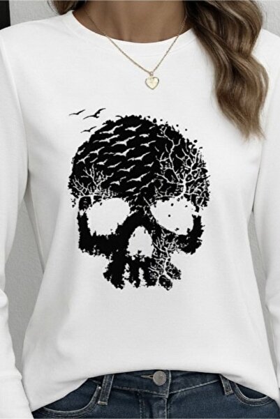 JANES Women's Long Sleeve Crew Neck Skull Print Viscose Blouse