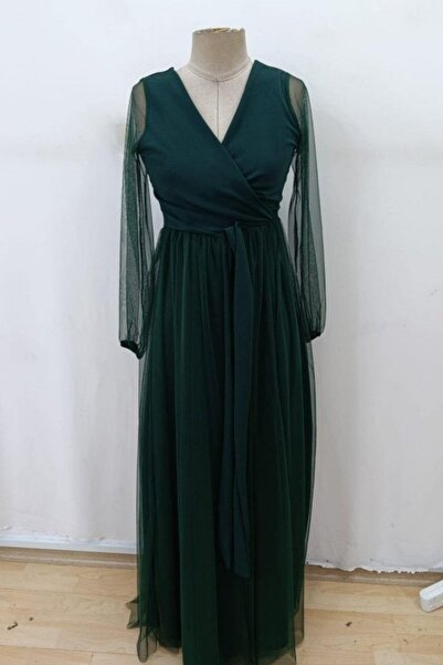 Mossta διπλό πέτο Φόρεμα από τούλι με λαιμόκοψη μακρύ εισαγόμενο κρεπ - Πράσινο