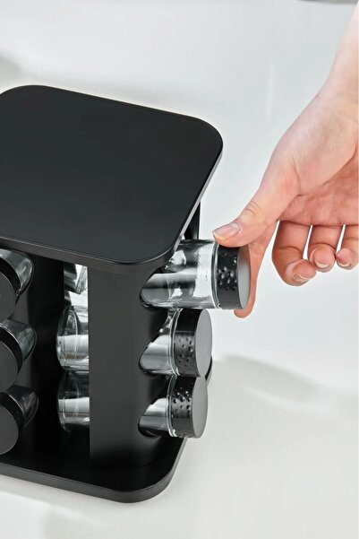 MAKRİ HOME 360 Rotatable Glass Spice Set with Stainless Steel Stand - 12-Piece Square Black