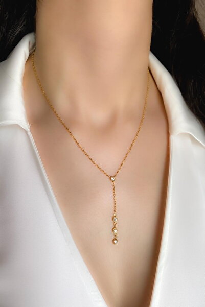 DEMOKAN Women's Steel Necklace Round Zircon Stone Classic Chain Y Necklace