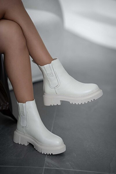 Parponi Senya Elastic Women's Genuine Leather Boots Ecru