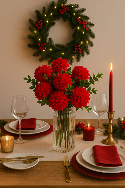 Mottogo Buchet de crizanteme roșii – Decor pentru casă de Anul Nou – Floare artificială mixtă