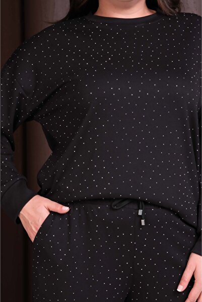 Şans Kadın Büyük Beden Siyah, Bisiklet Yaka, Taş İşli, Cepli Eşofman Takım 65...