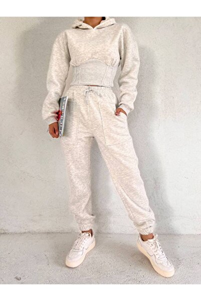 MY DEPO Women's Waist Corset Detail Crop Hooded Cotton Inside Tracksuit Set