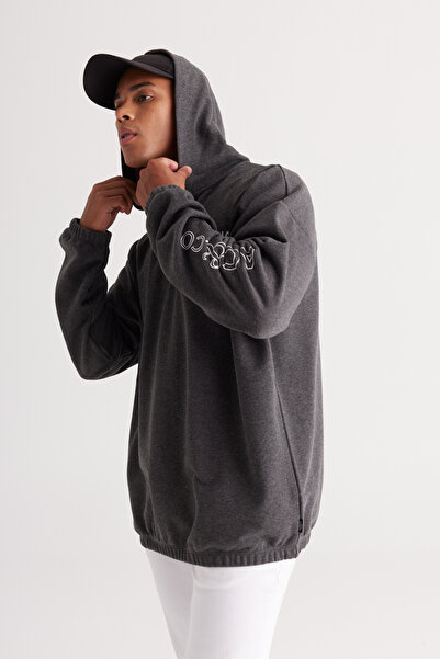 AC&Co / Altınyıldız Classics Anthracite-Melange Oversized Bol Kesim I Inside Fleece Lined 3 Thread Hooded Printed Sweatshirt