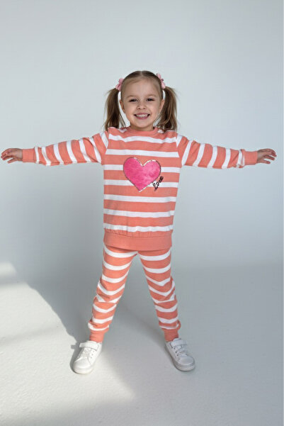TOFİSA Girl's Yavruağzi Striped Embroidered Two-Thread Two-Piece Set - 28010-Yavruagzi