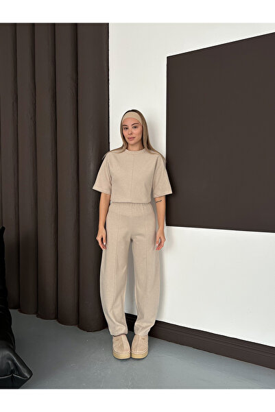 LE CARAMBOLE Women's Beige Crew Neck Short Sleeve Crop Blouse Pants Two Piece Set