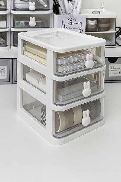 Lilya Home Bunny 3 Çekmeceli Makyaj Organizeri - Bölmeli Fırça Kozmetik Makyaj Düzenleyici Organizer