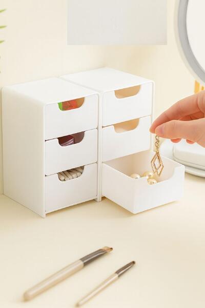 Lilya Home Tidy 2 Adet Mini Çekmece Organizer 3 Çekmeceli Çok Amaçlı Düzenleyici-Takı Hobi Aksesuar Organizeri