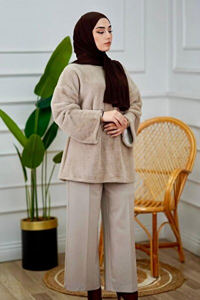 Gülşah collection Plush Textured Belted Sweater - Stone