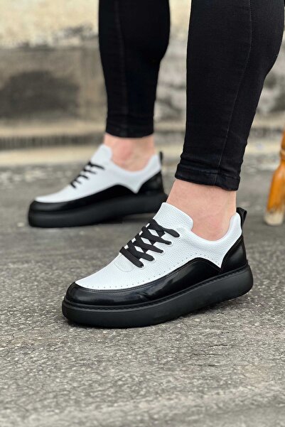 Wagoon WG162 Pantofi casual pentru bărbați, cu talpă ortopedică, din piele lacuită alb cărbune