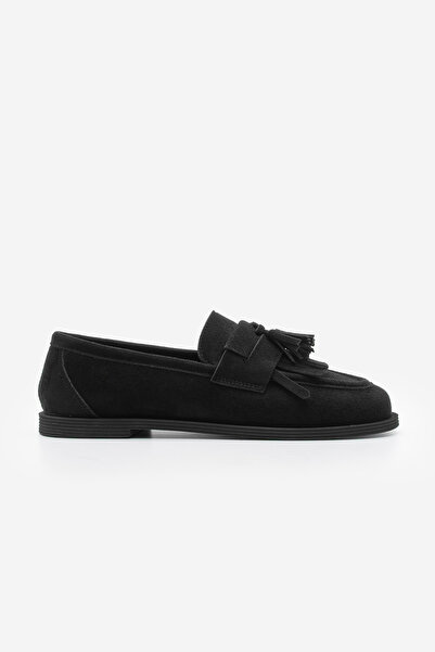 Marjin Women's Loafer Tasseled Casual Shoes Petlin Black Suede