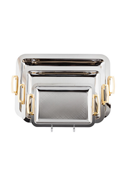 ALSAIF ✨ Al Saif Luxury Tray Set – 3 Sizes, Stainless Steel with Gold Handles ✨