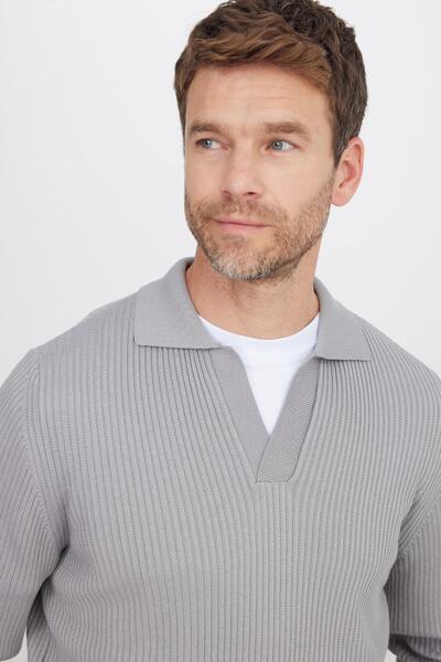 Tudors Ανδρικό πουλόβερ με κανονική εφαρμογή, βαμβακερό πόλο με λαιμόκοψη σε γκρι χρώμα