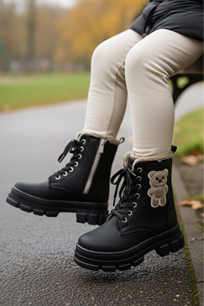 TOFİSA Girl's Black Teddy Bear Detailed Zippered Boots - 27893-Black