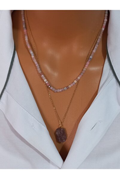 LemaStone حجر طبيعي؛ مجموعة قلادة من الفولاذ مع حجر البيريل الوردي (المورغانيت) وحجر الكوارتز الفراولة