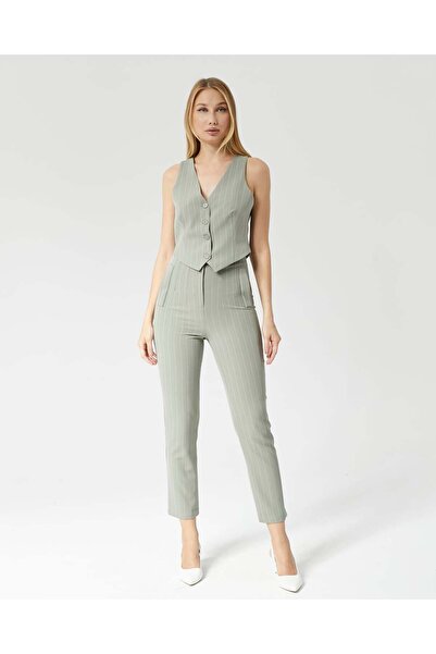 Milamia Kadın Yüksek Bel Cep Detaylı Bilek Boy Çizgili Kumaş Pantolon