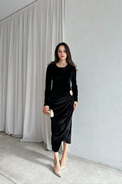 MODAMİNEM Women's Velvet Draped Midi Dress