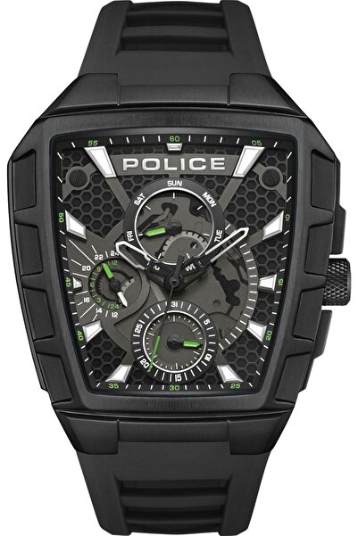 Police ساعة كرونوغراف للرجال - ميناء أسود، حزام سيليكون، هيكل من الفولاذ المق...