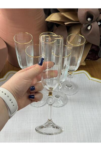 MD MİMOZA DEKOR Crystal Coffee Side Flute Water Glass / Gold / Presentation / Soda Glass / Goblet / Set of 6 / 150 ml