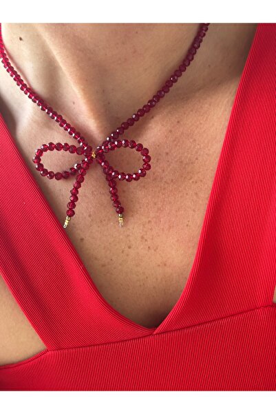 By Song Aksesuar Red Crystal Bow New Year Necklace New Year's Necklace