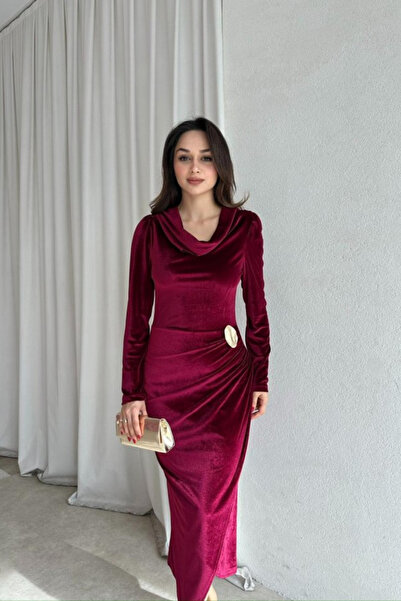 MODAMİNEM Women's Velvet Draped Midi Dress