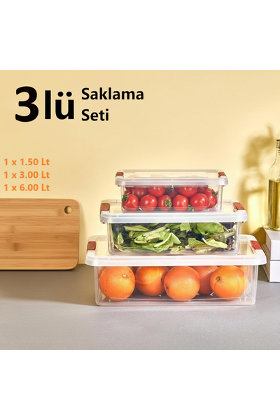 Kapris 3lü Çok Amaçlı Dikdörtgen Erzak Saklama Kabı Kilitli ORG-465