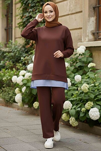 TOFİSA Set din două piese din modal cu fustă cu dungi maro - 28028-BROWN