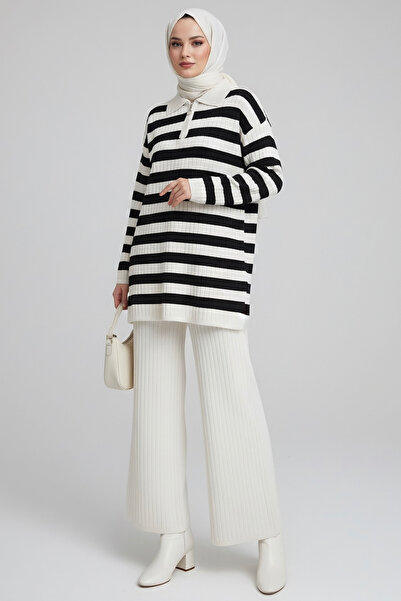 TOFİSA Striped Knitwear Two-Piece Set Ecru - 27999-Ekru